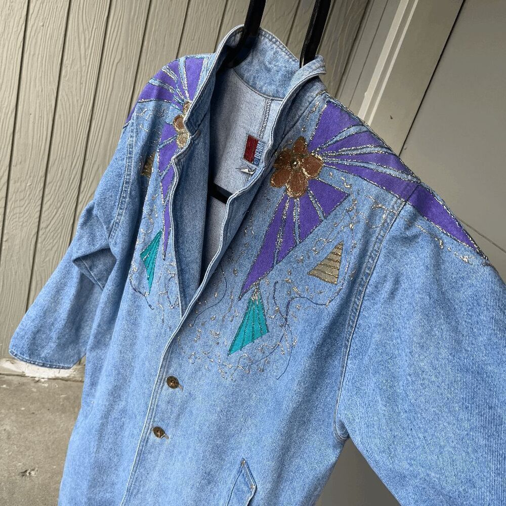 ✨ VTG 80s Sunbelt Denim Statement Trench w/ Glitter Puff Paint – M/L ✨